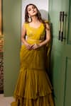 Buy_Dajwaree_Green Georgette Embroidery Cutdana Marigold Ruffled Pre-draped Saree Set 