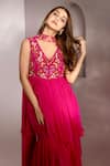 Dajwaree_Pink Georgette Embroidery Floral V-neck Gulab Peplum Kurta And Sharara Set _at_Aza_Fashions