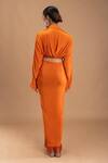 Shop_Lavina sippy_Orange Crepe Placement Embellished Coins Collared Neck Draped Side Cut-out Dress _at_Aza_Fashions