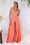 Buy_Lavina sippy_Orange Silk Print Chevron Sweetheart Neck Pattern Jumpsuit _at_Aza_Fashions