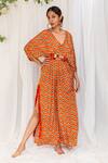 Buy_Lavina sippy_Orange Crepe Print Chevron V Neck Pattern Kaftan _at_Aza_Fashions