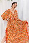 Shop_Lavina sippy_Orange Crepe Print Chevron V Neck Pattern Kaftan _at_Aza_Fashions