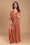 Buy_Lavina sippy_Orange Modal Satin Print Aztec Abstract Plunge Neck Kaftan _at_Aza_Fashions