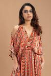 Shop_Lavina sippy_Orange Modal Satin Print Aztec Abstract Plunge Neck Kaftan _at_Aza_Fashions