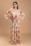 Buy_Lavina sippy_Beige Crepe Print Floral V Neck Abstract Kaftan _at_Aza_Fashions