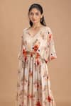 Lavina sippy_Beige Crepe Print Floral V Neck Abstract Kaftan _Online_at_Aza_Fashions