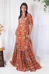 Buy_Lavina sippy_Orange Chanderi Print Abstract Aztec Notched Neck Kurta With Lehenga _at_Aza_Fashions