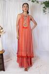 Buy_Lavina sippy_Orange Chanderi Print Abstract Round Neck Kurta With Skirt _at_Aza_Fashions