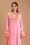 Shop_Lavina sippy_Pink Crepe Print Floral V Neck Placement Kurta With Pant _at_Aza_Fashions