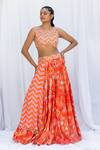 Buy_Lavina sippy_Orange Silk Print Chevron Round Neck Layered Lehenga With Blouse _at_Aza_Fashions