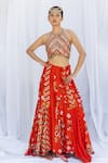 Buy_Lavina sippy_Orange Silk Embellished Mirror Halter Neck Patchwork Lehenga With Blouse _at_Aza_Fashions