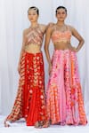 Buy_Lavina sippy_Orange Silk Embellished Mirror Halter Neck Patchwork Lehenga With Blouse _Online_at_Aza_Fashions