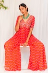 Buy_Lavina sippy_Orange Georgette Embroidered Chevron V Neck Printed Peplum Kurta With Sharara _at_Aza_Fashions