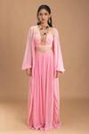 Shop_Lavina sippy_Pink Georgette Embroidered Thread Blouse High Solid Flared Pant Set With Jacket _at_Aza_Fashions