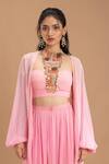 Buy_Lavina sippy_Pink Georgette Embroidered Thread Blouse High Solid Flared Pant Set With Jacket _Online_at_Aza_Fashions