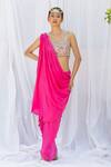 Buy_Lavina sippy_Pink Crepe Embroidered Shell Scoop Solid Pre-draped Saree With Blouse _at_Aza_Fashions