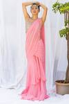 Buy_Lavina sippy_Pink Crepe Embroidered Shell Scoop Layered Pre-draped Saree With Blouse _at_Aza_Fashions