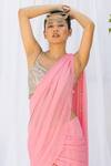 Lavina sippy_Pink Crepe Embroidered Shell Scoop Layered Pre-draped Saree With Blouse _Online_at_Aza_Fashions