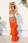 Buy_Lavina sippy_Orange Crepe Printed Geometric Halter Neck Frill Layered Skirt With Blouse _at_Aza_Fashions