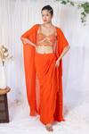 Buy_Lavina sippy_Orange Crepe Embroidered Mirror Blouse Sweetheart Draped Skirt Set With Cape _at_Aza_Fashions