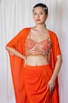 Buy_Lavina sippy_Orange Crepe Embroidered Mirror Blouse Sweetheart Draped Skirt Set With Cape _Online_at_Aza_Fashions