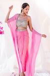 Buy_Lavina sippy_Pink Crepe Embroidered Mirror Blouse Round Waist Draped Skirt Set With Cape _at_Aza_Fashions