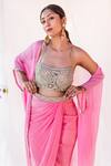 Shop_Lavina sippy_Pink Crepe Embroidered Mirror Blouse Round Waist Draped Skirt Set With Cape _at_Aza_Fashions