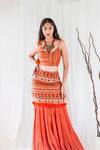 Buy_Lavina sippy_Orange Chanderi Printed Floral V Neck Skirt With Blouse _at_Aza_Fashions