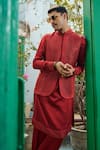 Philocaly_Red Cotton Silk Embroidered Chevron Bundi Kurta Set _at_Aza_Fashions