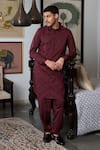 Buy_Philocaly_Maroon Cotton Lycra Embroidery Geometric Scarlet Pathani Kurta _at_Aza_Fashions