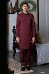 Philocaly_Maroon Cotton Lycra Embroidery Geometric Scarlet Pathani Kurta _Online_at_Aza_Fashions