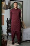 Buy_Philocaly_Maroon Cotton Lycra Embroidery Geometric Scarlet Pathani Kurta _Online_at_Aza_Fashions