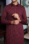 Philocaly_Maroon Cotton Lycra Embroidery Geometric Scarlet Pathani Kurta _at_Aza_Fashions