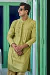 Buy_Philocaly_Green Linen Satin Embroidery Flora Motif Pakira Kurta _Online_at_Aza_Fashions