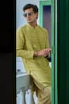 Philocaly_Green Linen Satin Embroidery Flora Motif Pakira Kurta _at_Aza_Fashions