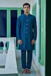 Philocaly_Blue Cotton Silk Embroidery Chevron Bloom Zaffre Kurta With Trouser _Online_at_Aza_Fashions