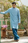 Buy_Philocaly_Blue Chanderi Embroidered Thread Riviera Self Kurta _at_Aza_Fashions