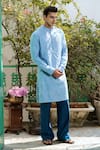 Shop_Philocaly_Blue Chanderi Embroidered Thread Riviera Self Kurta _at_Aza_Fashions