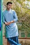 Philocaly_Blue Chanderi Embroidered Thread Riviera Self Kurta _Online_at_Aza_Fashions