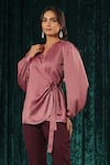 Shop_B'Infinite_Pink Satin Blush Wrap Side Knot Top For Kids_Online_at_Aza_Fashions