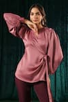 B'Infinite_Pink Satin Blush Wrap Top With Trouser For Kids_at_Aza_Fashions