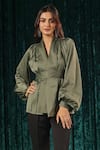 Buy_B'Infinite_Green Satin Olive Surplice Front Lantern Sleeve Top For Kids_at_Aza_Fashions