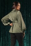 Shop_B'Infinite_Green Satin Olive Surplice Front Lantern Sleeve Top For Kids_at_Aza_Fashions