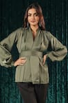 Buy_B'Infinite_Green Satin Olive Surplice Front Lantern Sleeve Top For Kids_Online_at_Aza_Fashions