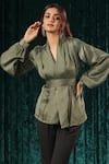 Shop_B'Infinite_Green Satin Olive Surplice Front Lantern Sleeve Top For Kids_Online_at_Aza_Fashions