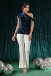 B'Infinite_Blue Velvet Celestial Off Shoulder Top With Trouser For Kids_Online_at_Aza_Fashions