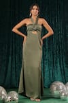 Buy_B'Infinite_Green Satin Olive Twist Front Cutout Dress For Kids_at_Aza_Fashions