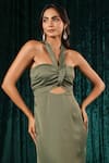 B'Infinite_Green Satin Olive Twist Front Cutout Dress For Kids_at_Aza_Fashions