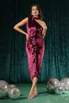 Buy_B'Infinite_Maroon Velvet Rasin Asymmetrical Ruffle Dress For Kids_at_Aza_Fashions