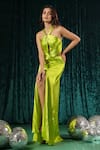 Buy_B'Infinite_Green Satin Lush Lemongrass Pleated Dress For Kids_at_Aza_Fashions